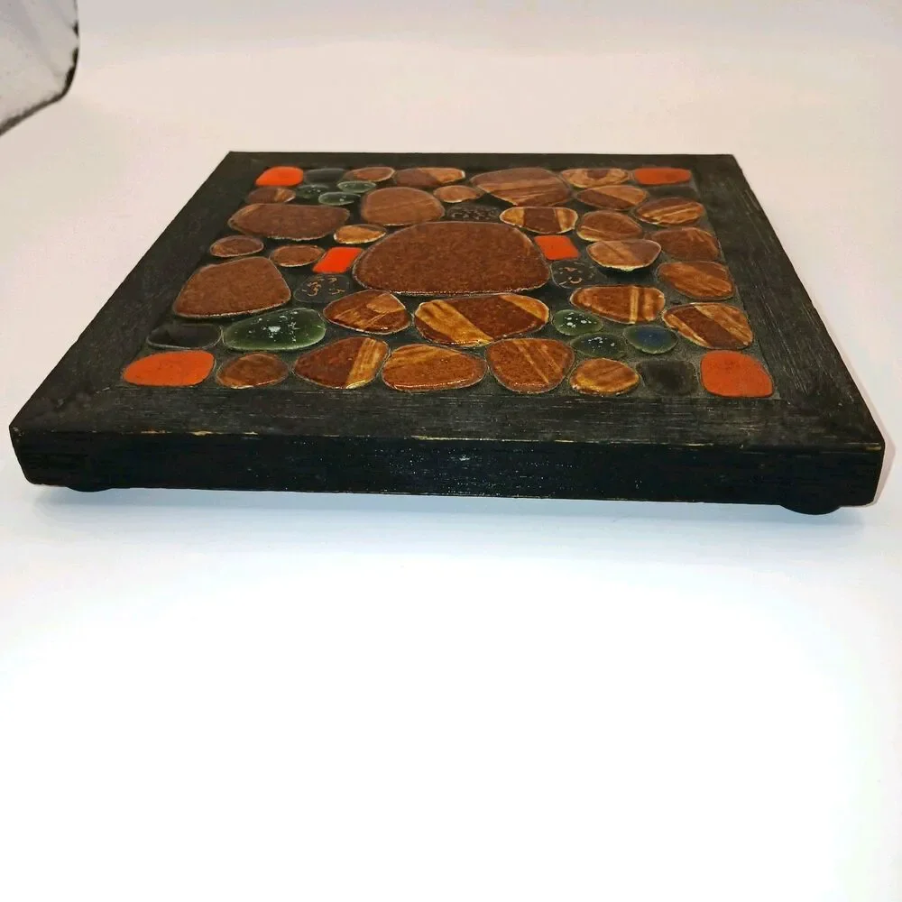 Brown Orange Black Brown Mosaic Stone Tile MCM Trivet Hot Plate Made in Japan